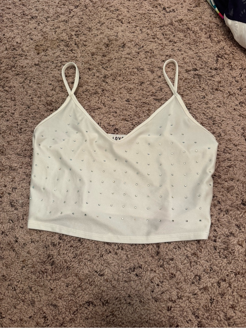 Love White Crystal-Stud V-Neck Spaghetti Strap Crop Camisole